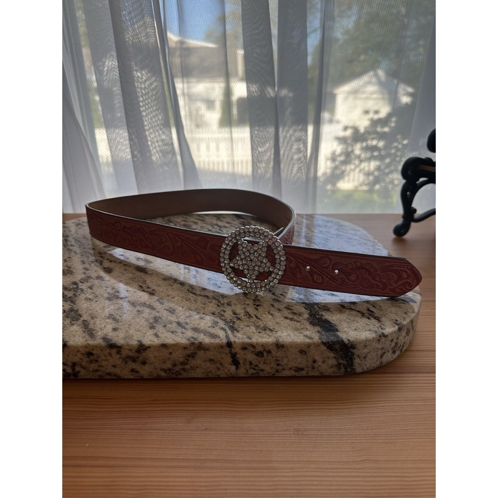Rodeo Western Belt Leather Brick Dusty Red Carved Diamond Accent Star Buckle S34